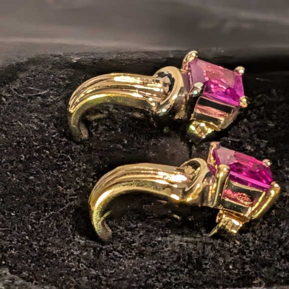 Vintage Sterling Silver 925 Gold Tone Pink Sapphire Earrings Ruby Earrings - Picture 4 of 12